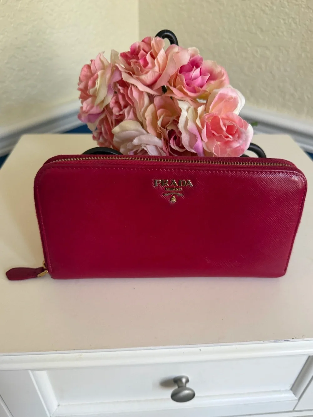 Prada Saffiano Vernice Zip-Around Wallet Clutch Berry Magenta 1ML506